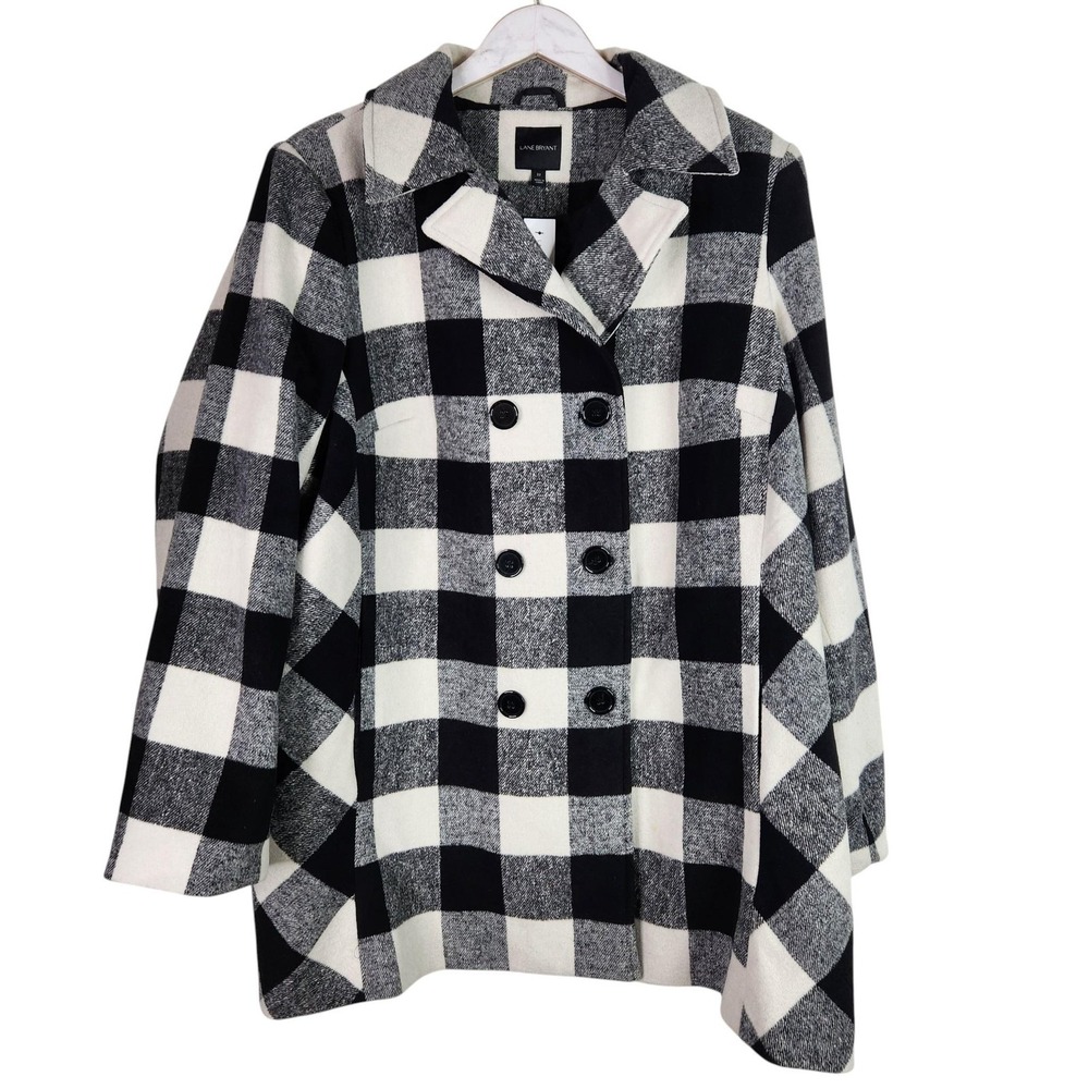 LANE BRYANT Pea Coat Womens 22 Black White Buffalo Plaid Flannel Lined Pockets